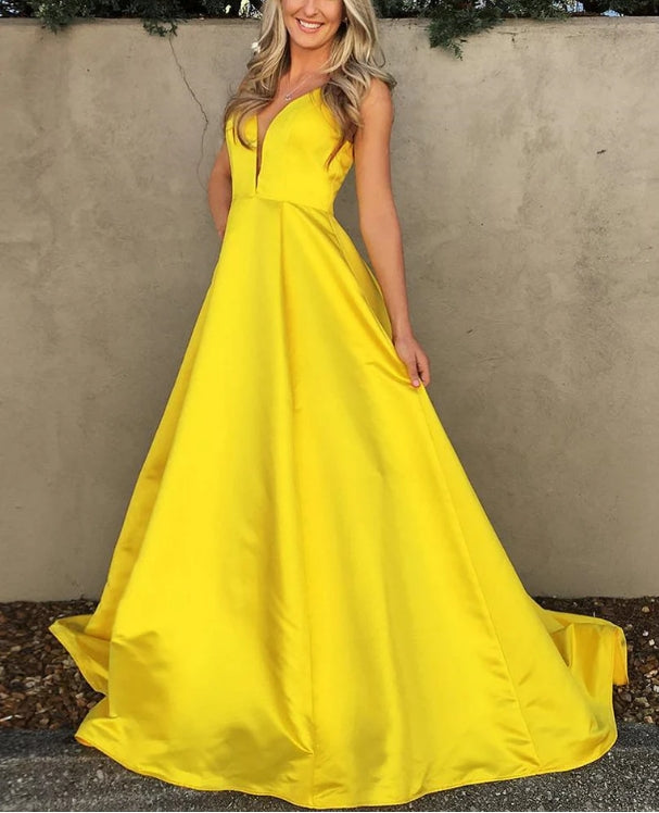 Luolandi Simple Satin Prom Dresses A-line Prom Gowns With Sweep Train Sexy Evening Dress